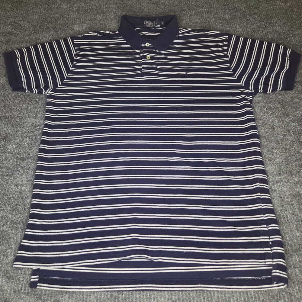 Polo by Ralph Lauren Striped Polo Shirt Mens L‎ Blue White Cotton Short Sleeve